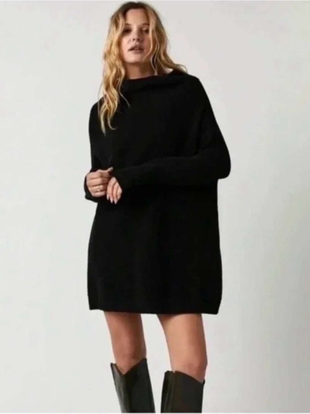 Free People Black Slouchy Tunic Ottoman Funnel Neck Oversized 100% Cashmere M